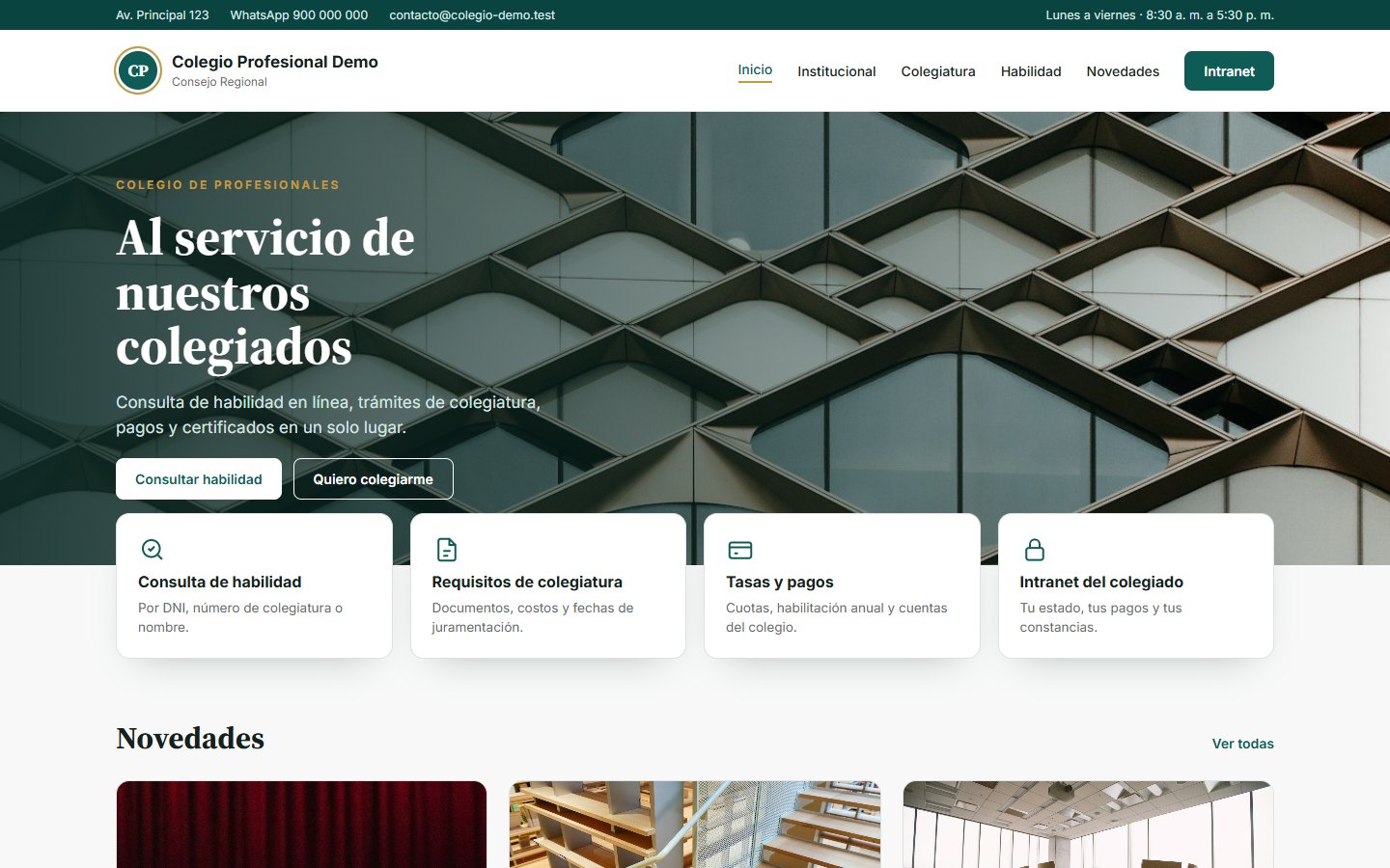 Sitio web de Plataforma para colegio profesional